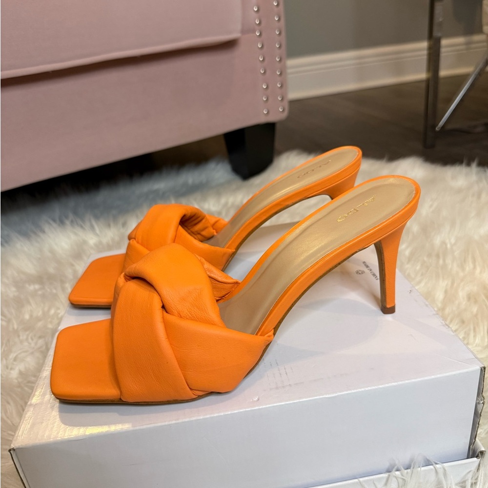 Aldo Bright Orange Knotted Square-Toe Heeled Mules